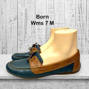Born Womens Two Tone Brown Navy Leather Lace‎ Detail Flat Loafer Size 7 M